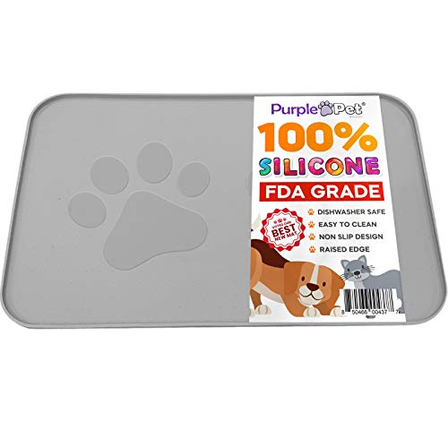 iPrimio Extra Large Pet Feeding Bowl Mat with Logo - Silicone - Hygienic and Safe for Allergic Dogs and Cats - Prevent Pet Water Food Spills - Spill Edge Protect Floor - Non Slip… (Large Gray)