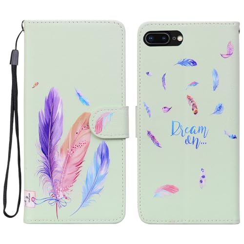 Image of Tiyoo Case for iPhone 7 Plus/iPhone 8 Plus, Bright Colorful PU Leather iPhone 7Plus/8Plus Phone Case with Feathers Pattern, Card Slots & Magnetic Closure, Green