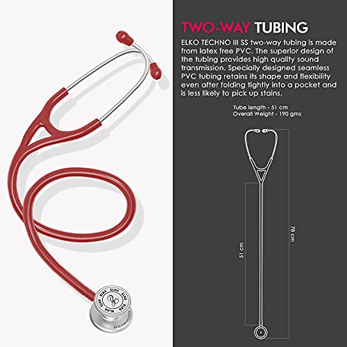 Image of ELKO EL-170 TECHNO III SS Stainless Steel Acoustic Stethoscope | Adult & Pediatric Stethoscope With Double Sided Chestpiece | Two-Way PVC Tubing | Doctors & Medical Students (Red)
