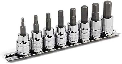 Powerbuilt Hex Bit Socket Set, 8 Piece, 3/8 Inch Drive Metric, Sizes 3-10mm, Ball End Sockets, Storage Rail - 642405
