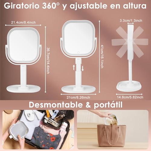 Vankarr Espejo Maquillaje con Luz, 10X/1X Aumento Doble Cara Espejo con Luz Recargable USB, Base Soporte para Móvil Portátil, 360 Giratorio 3 Colores Brillo Regulable - imagen 6