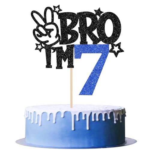 1 PCS Brother I'm 7 Cake Topper Glitter Star Happy 7th Birthday Cake Pick Bro I'm 7 Cake Decoration It's My 7th Birthday Decorations for Boys Cheers to 7 Years Old Birthday Party Supplies Blue