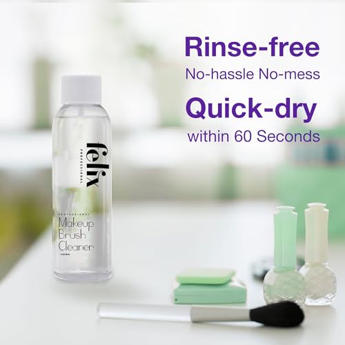Felix Professional Liquid Makeup Brush Cleaner Solution | Rinsless, Quick Drying, Hydrating, Fragrance Free | for Natural and Synthetic Make-up Brushes (4 Fl oz)