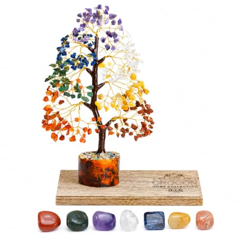 Image of Crocon 7 Chakra Tree of Life Crystal with Seven Chakra Tumbles Wooden Tray