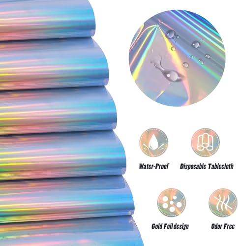 2 Pack Iridescence Plastic Tablecloths Disposable Laser Tablecloth Holographic Foil Rectangle Table Covers Birthday Disco Bachelorette Bridal Wedding Rainbow Iridescent Party Decorations 54" x 108"