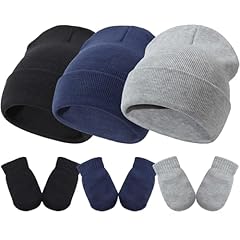 3 Sets Knit Hat & Mittens: Light Grey, Navy Blue, Black