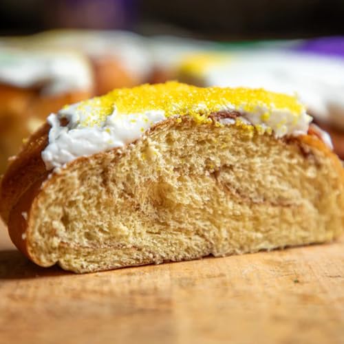 Caluda's Traditional King Cake DIY Kit - Fresh Un-Iced Brioche Cake with Icing Packets, Mardi Gras Colored Sugars, Baby, Decorating Instructions, Serves 10-12, Authentic New Orleans Louisiana Mardi Gras Dessert for Holidays Parties