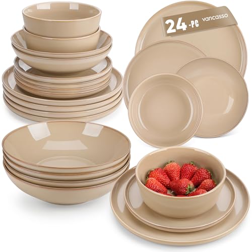 vancasso Playa Dinner Sets for 6 People, 24 Pieces Stoneware Plates and Bowls Set, Scratch Resistant Dinnerware Sets for Everyday Dining, Dishwasher and Microwave Safe, Brown