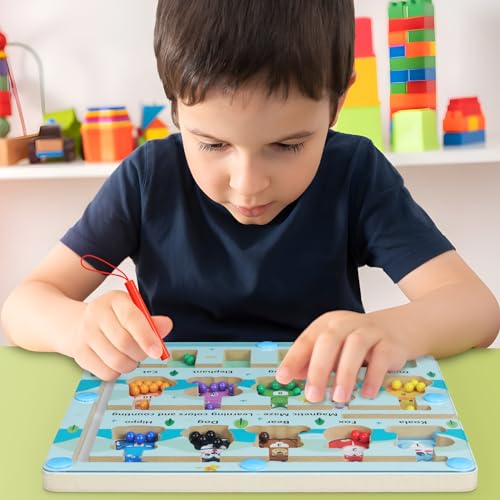 QZMTOY Magnetic Color Number Maze, Montessori Fine Motor Skills Toys for 3 4 5 Years Old Boys Girls,Wooden Preschool Learning Activities Matching Math Games Learning Counting Puzzles - Thumbnail 6