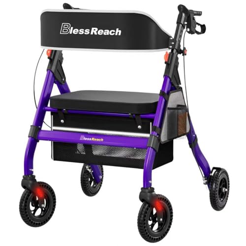 BlessReach Heavy-Duty Aluminum Rolling Walker - Foldable Rollator Walkers with Seat for Seniors 450 lb Capacity 8 Wheels 18 Big Seat 6-Position Adjustable Height(Purple)
