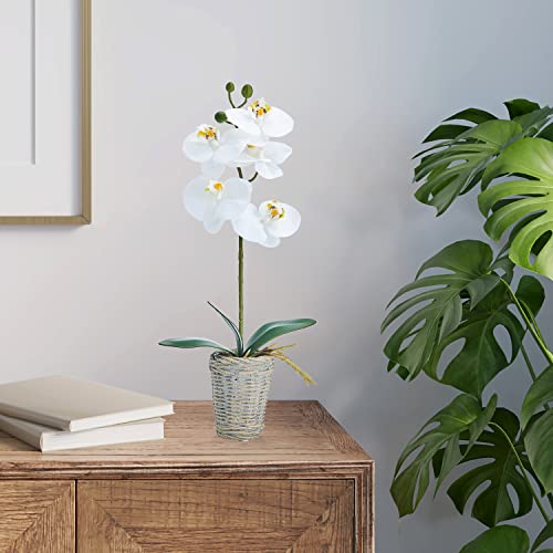 Mikasa Artificial Orchid In Pot, Real Touch Phalaenopsis Orchid, Embossed Basket Weave Cement Pot, 16-Inch Single Branch, White/Yellow #TOP7