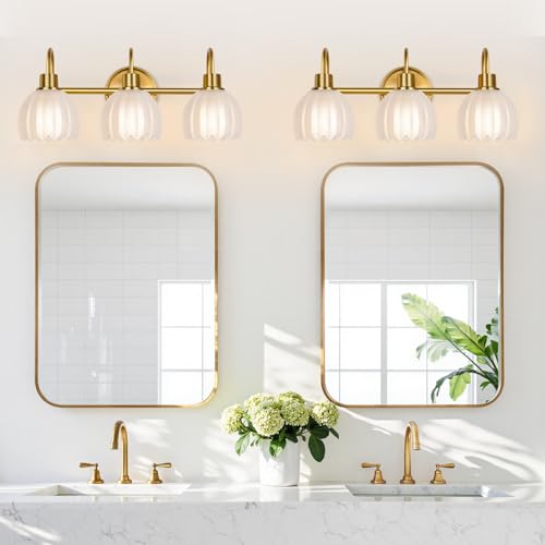Image of 3-Light Bathroom Vanity Light, 20 inch Brushed Gold Bathroom Light Fixtures with Ribbed Frosted Clear Tulip Glass Shade, Vanity Lighting Fixtures Over Mirror for Bedroom Living Room Hallway