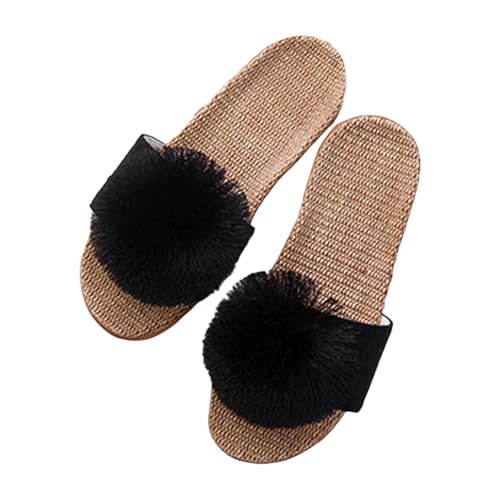 Sandalias Pantuflas Mujer Punta Abierta Chic y Elegant Zapatillas Mujer Verano con Pompon Chausson Cómodo Lin Mules Zapatillas de Salón Mule Zapatillas de Baño Zapatillas Antiderapant de Maison