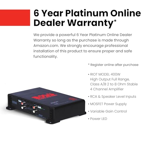 Image of BOSS Audio Systems R1004 Riot Series 4 Channel Amplifier Car Audio - Class AB, 400 High Output, 2-8 Ohm Stable, HighLow Level Inputs, Full Range.