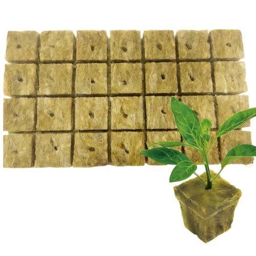 ZYOMVUN Laine de Roche, 28 Pièces, Hydroponie Jardin, Hydroponique Bouchons de Laine de Roche, Respirabilité, bonne perméabilité à l'air pour la culture sans fond des semis, clonage, culture, 4x4x4cm