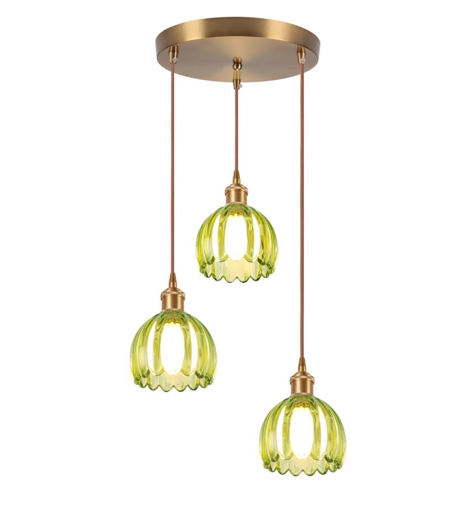 LIGINOK 3 Lights Pendant Lights Vintage Chandelier Ceiling Lights Green Glass Flowers E27 Hanging Lamp Adjustable Height for Dining TableLiving Room Kitchen