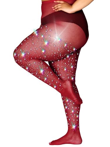 Image of HONENNA Queen Plus Size 10X Strong Rhinestone Fishnet Stockings, Ultra Sparkly High Waist Tights for Women, Party Concert