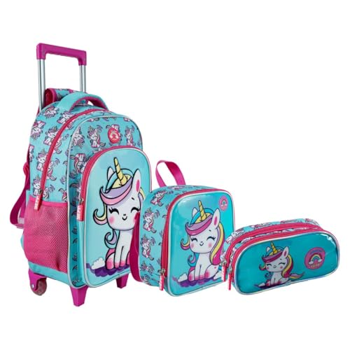 Kit Mochila Escolar Creche Menina com Estojo com 2 Divisórias e Lancheira Térmica Carrinho Rodinha (Azul)