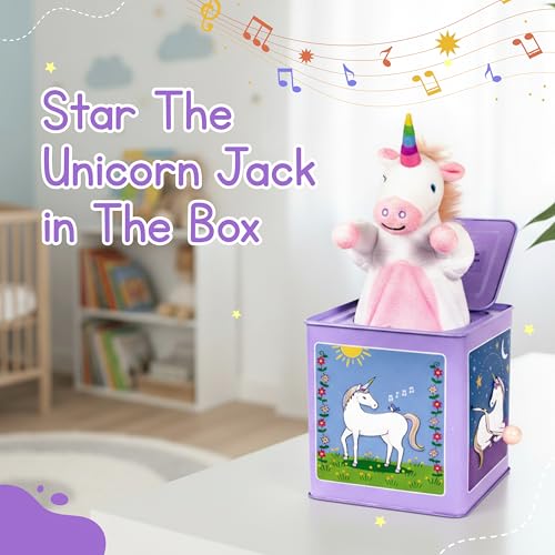 Jack Rabbit Creations Pink Unicorn Jack in the Box, Plush Pop-Up Unicorn, Side Crank Music Box, Classic Surprise for Kids Ages 3+