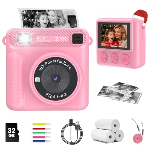 JPVERLY Kids Instant Print Camera - Christmas Birthday Gift for Boys and Girls Ages 3-12, Kids Digital Camera Toys with 1080P HD Video, 32GB Card (Pink Pro)