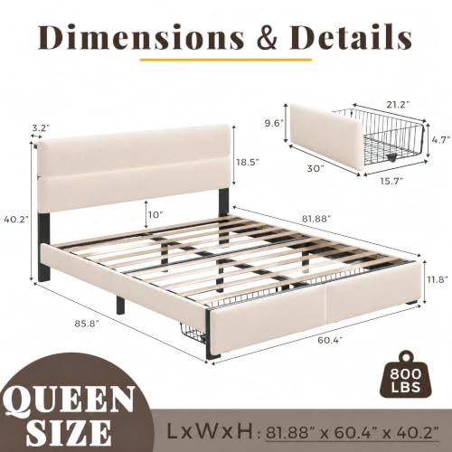 Image of Queen Bed Frame with 2 Storage Drawers, Beige Velvet Upholstered | Platform Bed with Charging Ledge, LED Headboard Lighting, Metal Support, Noise Free, No Box Spring Needed, Easy Assembly
