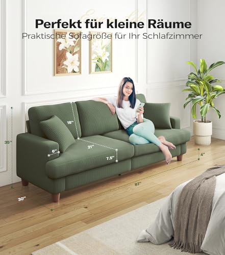 Kidirect Cord Sofa 3 Sitzer, 221CM Bequemes Couch 53CM Extra Tiefe Sitze, Sofa Wohnzimmer Werkzeugfreie Montage, Big Sofa Couch mit 2 Kissen, Modernes Couch fürs Büro, Schlafzimmer Sofas Waldgrün