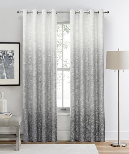 Grey Ombre Full Blackout Window Curtain Panels Thermal Insulated Noise Reduction Rustic Farmhouse Bedroom Drapes Heavy Linen Texture Window Treatment Set Gradient Print Cream White to Gray, 50"x63"x1