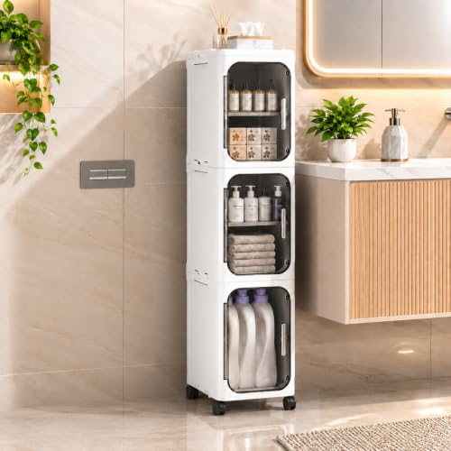 Image of KRISHYAM 3 Door Slim Storage Cabinet with Wheels, Multipurpose Plastic Organizer with Transparent Doors, Removable Shelves, Magnetic Closure & Top Tray for Bathroom, Bedroom, Kitchen, White