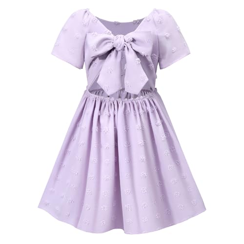 Image of HILEELANG Girls Summer Dress Bow Tie Back A-Line Party Dress for Little Big Girls Short Sleeve Dress with Lining 6-12 Years
