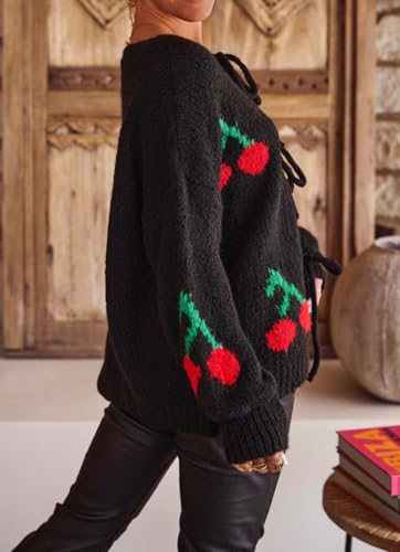 Image of chouyatou Women's Cute Y2K Cherry Tie Knot Cardigan Casual Loose Crewneck Chunky Knit Sweater Cardigan