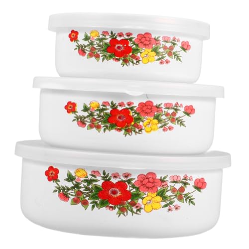 HOMSFOU Schüssel 3 Stück Frischhalte-Emaille Lebensmittelbehälter Für Lunchboxen - Set Mit Deckel, Behälter Für Obst, Emaille-Popcorn-Schüssel