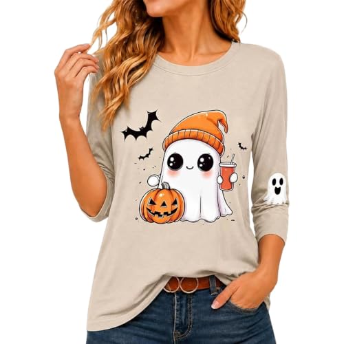 Womens Halloween Shirts Crewneck 3/4 Sleeve Tops Ghost Graphic T Shirt Tunic Tees Family Party Matching Casual Top - image 1