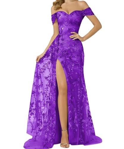 ORRCIGH Vestido de dama de honor con hombros descubiertos, apliques de encaje, vestido de graduación, vestido formal de sirena, vestido largo con abertura WPX090, Morado (, 46