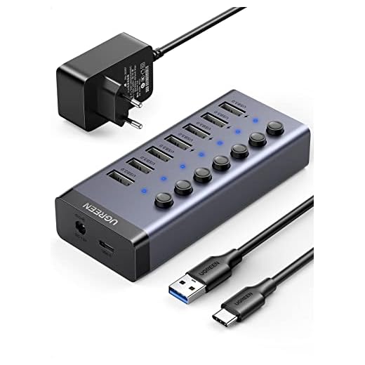 UGREEN Hub USB 3.0 de 7 portas com switch e fonte de alimentação de 24 W (12 V / 2 A), Hub USB 3.0 de 7 portas e 5 Gbps com adaptador de energia de 5 V 2 A e cabo de 1 M Compatível com PC, Macbook