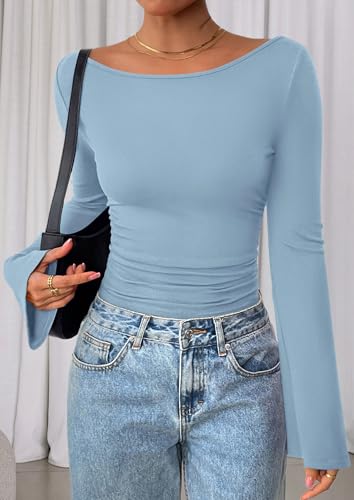Image of PRETTYGARDEN Women Long Sleeve Shirt 2025 Crop Casual Boat Neck Bell Sleeve Ribbed Ruched Y2K Clothing