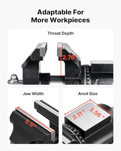 Image of VEVOR Heavy Duty Bench Vise, 5.5 inch Jaw Width, Double Swivel Rotating Multi-Purpose Bench Vise, with 360 Locking Swivel Base and Head, 2.76 inch Throat Depth, 5 inch Max Jaw Opening, for Drilling Pipe Cutting