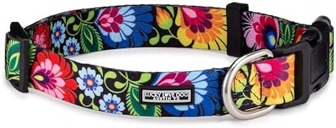 Lucky Love Dog Collars, Vivid Floral Girl or Boy Dog Collar for MediumDogs, Spring & Summer Themed Flower Print, Blackbird, Medium