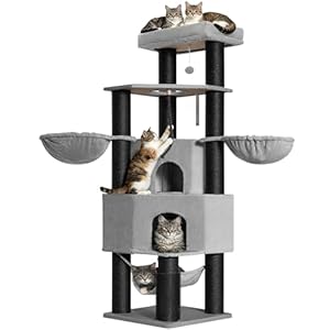 Fobyfurny Kratzbaum Große Katzen Stabil, 183 cm Kratzbaum XXL mit Großen Höhlen, 11 cm Dicker Sisalpfosten, Plattformen, Fellpflegegerät, Dickes Sisalseil, Hängematte, Pompons, Hellgrau FPMS018FG1