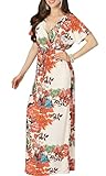KOH KOH Womens Long Kimono Sleeve Short Sleeves V-Neck Vintage Floral Print Summer Hawaiian Casual Cocktail Sundress Sun Gown Gowns Maxi Dresses, Ivory White L 12-14