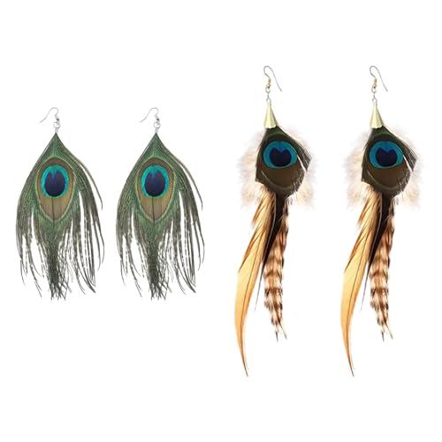 OAOSDH 2 Paires De Boucles d'oreilles en Plumes De Paon, Boucles d'oreilles Boho, Boucles d'oreilles De Personnalité Rétro, Accessoires De Vêtements.