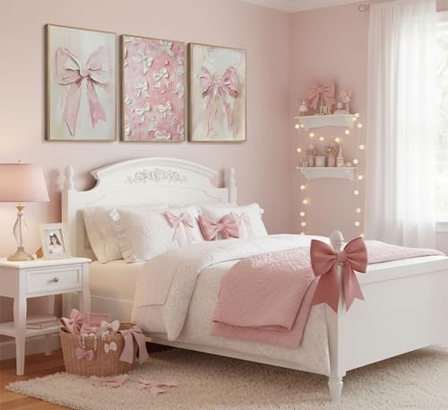 Image of 3Pcs Trendy Pink Bow Canvas Wall Art Vintage Cute Preppy Watercolor Bow Painting Pictures Wall Decor Posters Prints Girly Aesthetic for College Apartment Bedroom Decoration Unframed