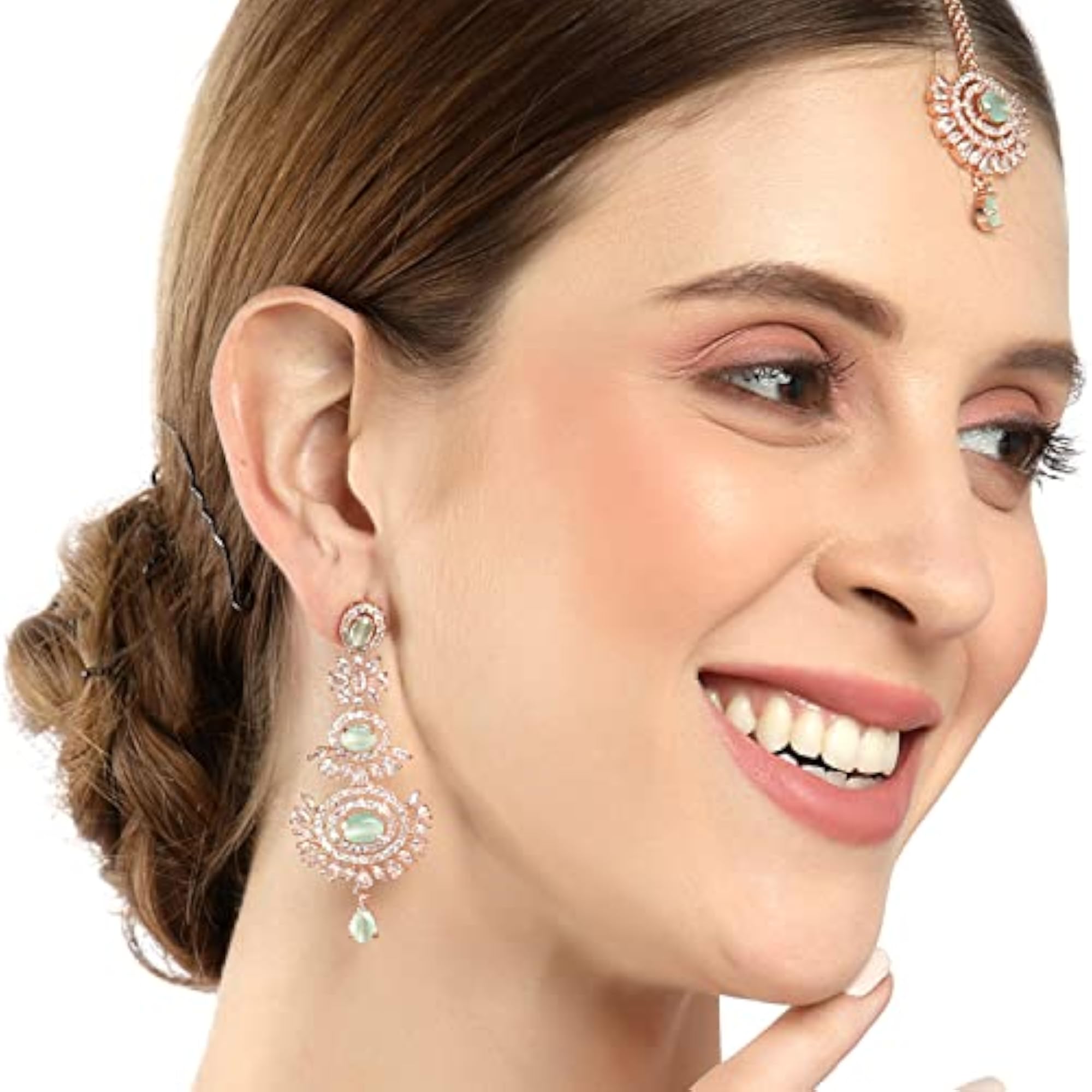 American Diamond Maang Tikka & Earrings Set (Sea Green)