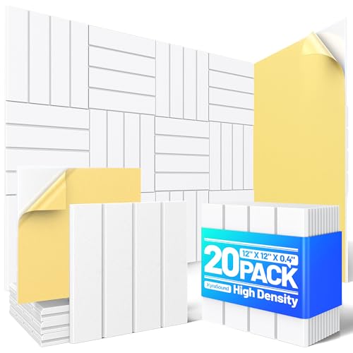 Image of 20 Pack Sound Proof Foam Panels for Walls, Acoustic Panels Self-Adhesive | 12 inch X 12 inch X 0.4 inch Slatted Soundproof Wall Panel, High Density Sound Absorbing Panel for Gaming Recording Studio Decor-White