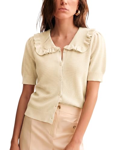 Image of Watashi Womens Ruffle Collar Puff Short Sleeve Cardigan Knit Crop Top | Peter Pan Collar Crochet Knitted Summer Fall Casual Work Wear Sweater