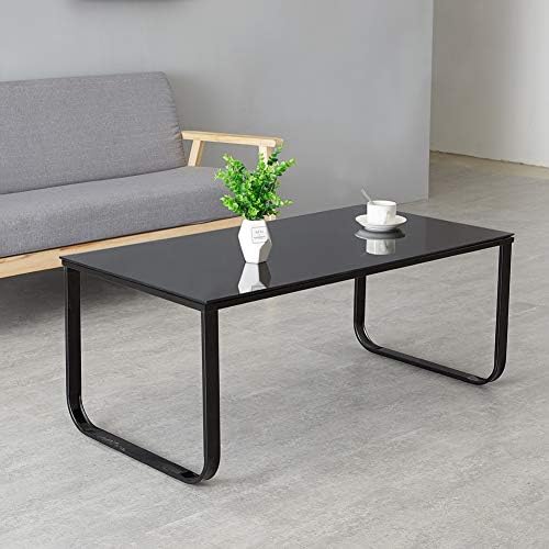 OFCASA Black Glass Coffee Table with Metal Legs Modern Design Coffee Table Storage Side Table for Living Room