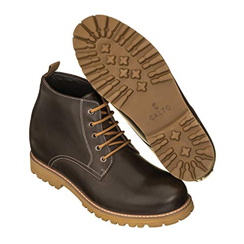 Image of CALTO Men's Invisible Height Increasing Elevator Shoes - Dark Brown Premium Leather Lace-up Round-toe Work Boots - 3.4 Inches Taller - S8752 - Size 6 D(M) US