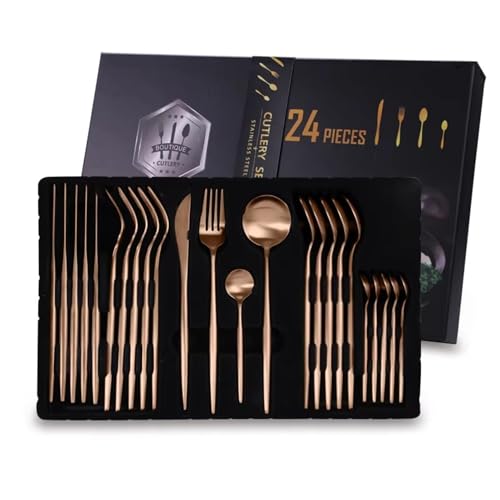 Image of Copper Pink Silverware Set | 24-Piece Satin Finish French Style Stainless Steel Flatware | Elegant Giftable Box | Dishwasher Safe Cutlery for Home, Restaurants & Corporate Gifting