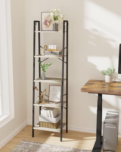 Image of Hzuaneri 5-Tier Ladder Shelf, Bookshelf Bookcase, Freestanding Corner Storage Shelve with 2 Hooks for Home Office, Living Room, Kitchen, Bedroom, Industrial, Greige and Black BC19205B