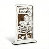 DEKOLANDO Aufsteller Schild „Geschirrrückgabe“ – Tischaufsteller 10x20 cm inkl. Standfuß, 5mm HDF weiß/braun, Lasergravur, Kantine Rückgabe, Made in Germany