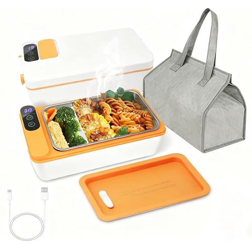 IXPIUZB Fiambrera calentada a pilas, inalámbrica, recargable por USB, portátil, para el trabajo, calentador de alimentos autocalentable con recipiente de acero inoxidable de 1 litro para coche y